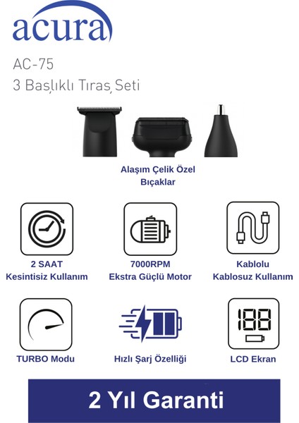 Ac-75 3 Başlıklı Metal Gövdeli Tıraş Seti fiyatları
