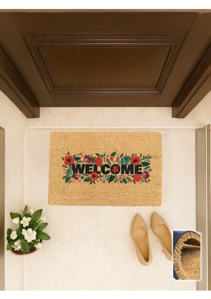 Velkomskrans 40X60 cm Coco Kapı Önü Paspası Çiçek Çelengi
