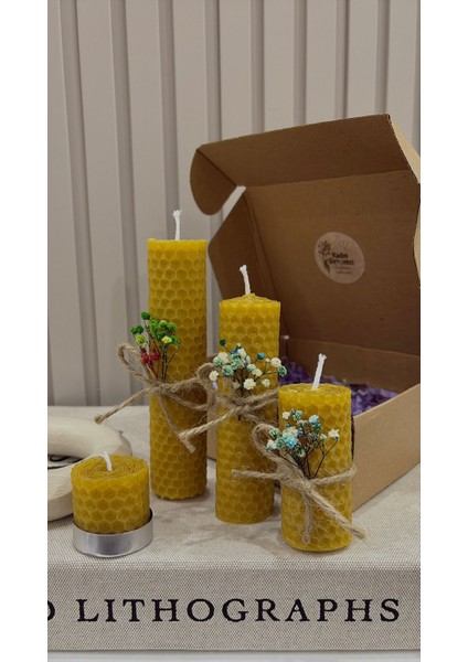 Doğal Sarma Bal Mumu Mum Seti – 3’lü Dekoratif Balmumu Mum (14X3 / 11X3 / 7x3 cm