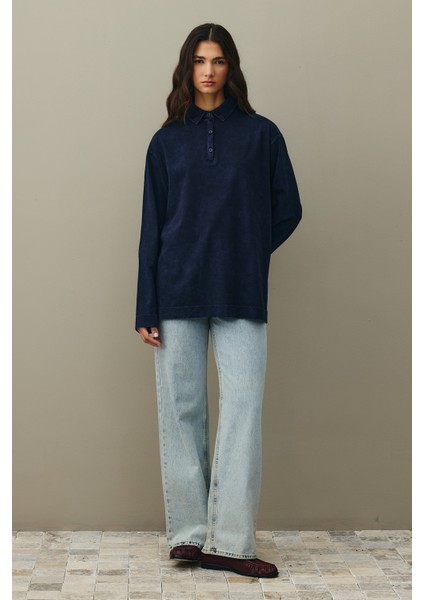 Polo Yaka Yıkamalı Sweatshirt Lacivert fiyatları