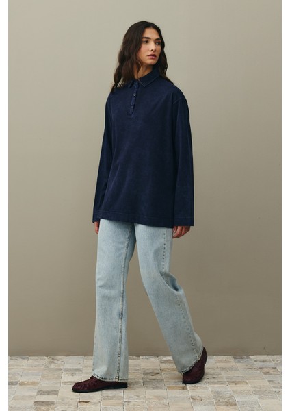 Polo Yaka Yıkamalı Sweatshirt Lacivert modelleri