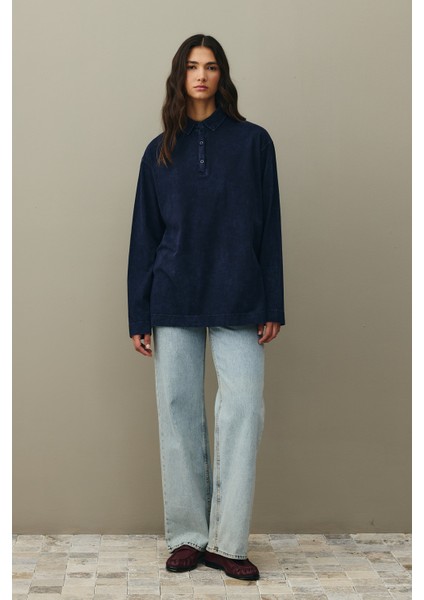 Polo Yaka Yıkamalı Sweatshirt Lacivert fırsatları