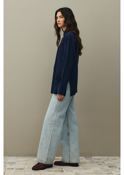 Polo Yaka Yıkamalı Sweatshirt Lacivert indirimleri