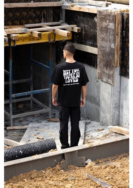 Unisex Bisiklet Yaka Baskılı Oversize T-Shirt - Siyah modelleri