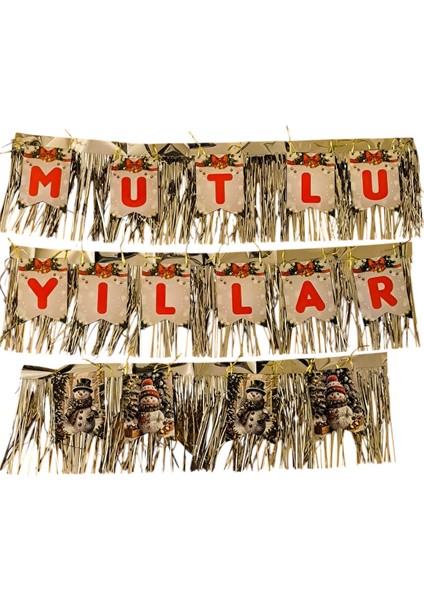 Yılbaşı Parti Süsü Mutlu Yıllar Flama 3 Metre Püsküllü Dekor Yazı modelleri