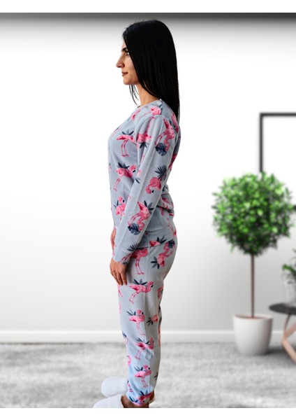 Flamingo Desenli Kadın Polar Peluş Pijama Takımı (Yeşil) Yeşil L fiyatları