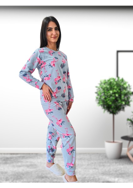 Flamingo Desenli Kadın Polar Peluş Pijama Takımı (Yeşil) Yeşil L modelleri