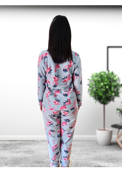 Flamingo Desenli Kadın Polar Peluş Pijama Takımı (Yeşil) Yeşil L indirimleri