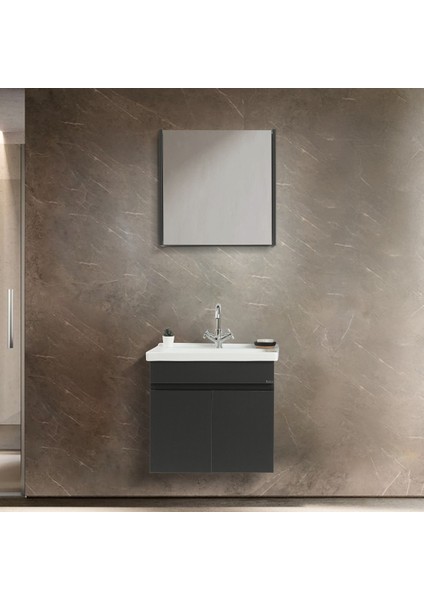 Arya 65 cm Siyah %100 Mdf Lavabolu Banyo Dolabı, Aynalı Üst Dolap