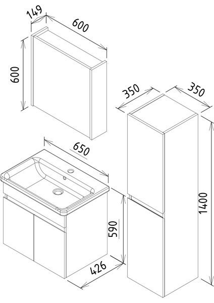 Arya 65 cm Siyah %100 Mdf Lavabolu Banyo Dolabı, Aynalı Üst Dolap fiyatları