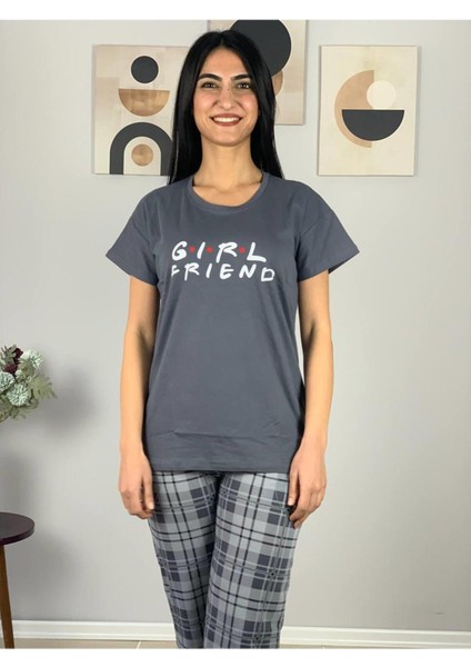 Kadın Girl Friend Motifli Pijama Takımı (Gri) Gri Bayan L indirimleri