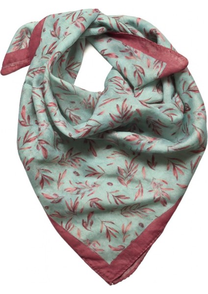 Pembe Kenarlı Yaprak Desenli Mint Yeşili Kare Fular