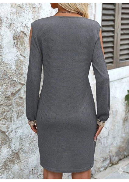 Kadın Uzun Kollu Omuzdan Açık V Dantel Yakalı Mini Waffle Elbise indirimleri
