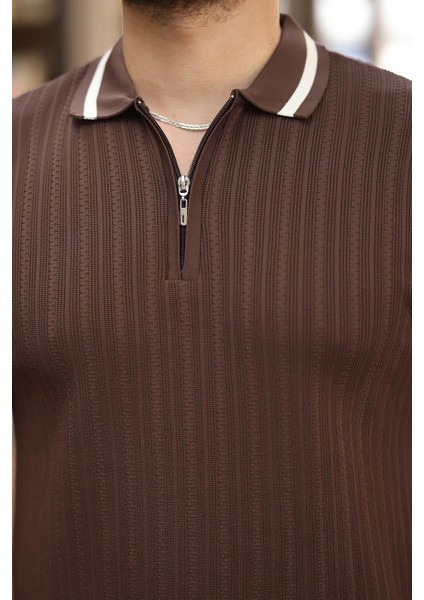 Erkek Yaka ve Kolları Çizgi Detaylı Fermuarlı Kısa Kollu Tshirt modelleri