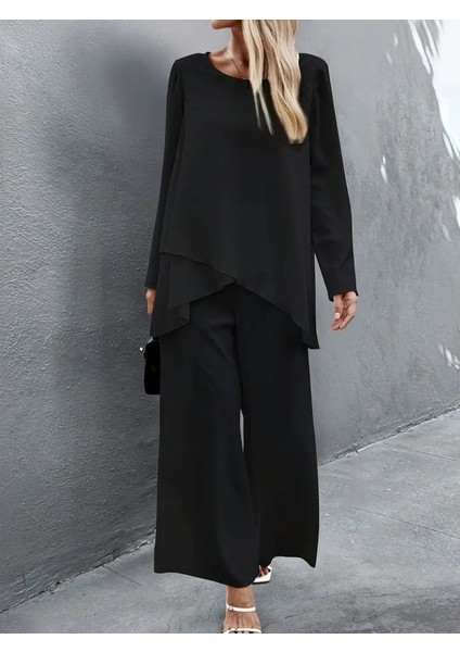 Kadın Uzun Kollu Asimetrik Detaylı Salaş Sandy Bluz ve Pantolon Ikili Takım fiyatları