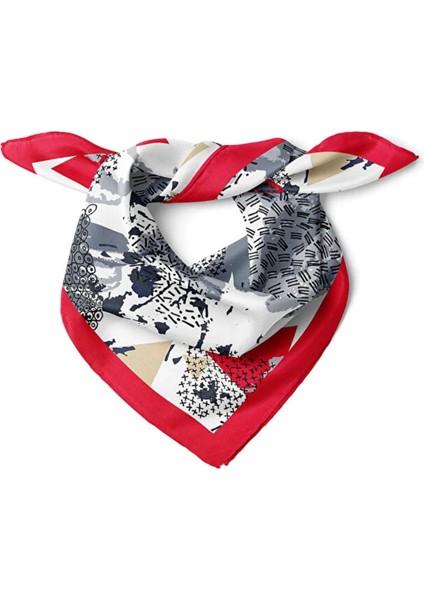 Soyut Geometrik Desenli Kırmızı Kenarlı Fular