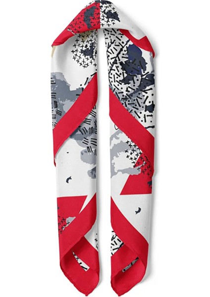 Soyut Geometrik Desenli Kırmızı Kenarlı Fular modelleri