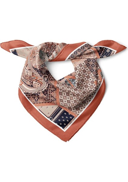 Paisley Patchwork Desenli Saten Fular – Kiremit & Lacivert
