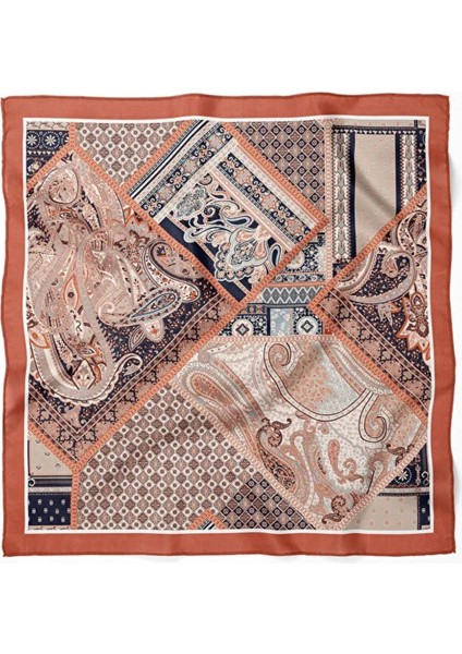 Paisley Patchwork Desenli Saten Fular – Kiremit & Lacivert fiyatları