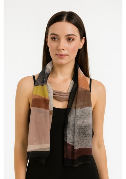 Bej Kahve Siyah Renk Geçişli Desenli Şal