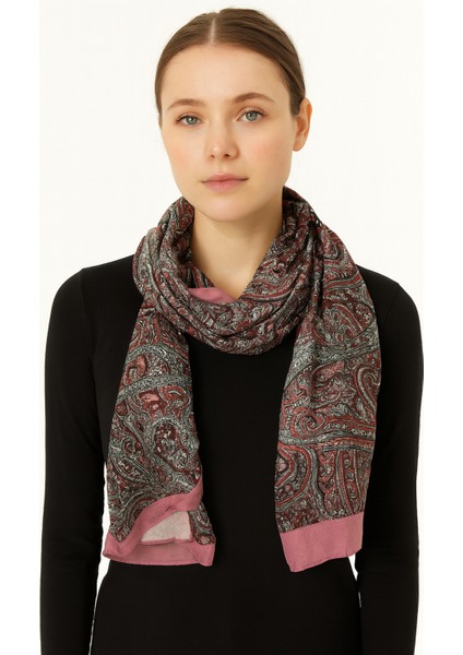 Pembe Kenarlı Etnik Desenli Şal