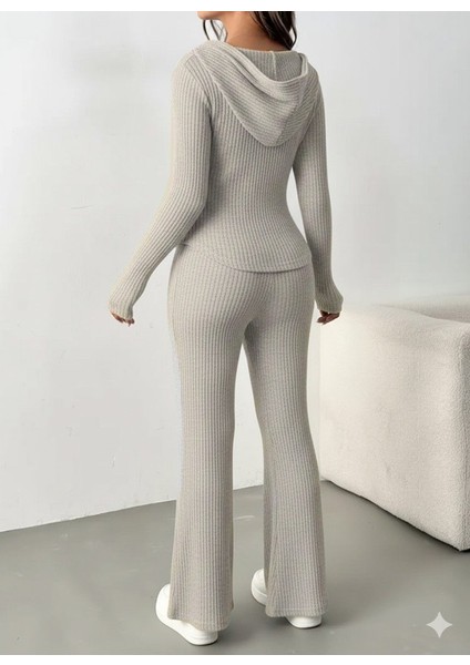 Kadın Uzun Kollu Kapşonlu Önden Fermuarlı Kaşkorse Bluz ve Pantolon Ikili Takım fiyatları