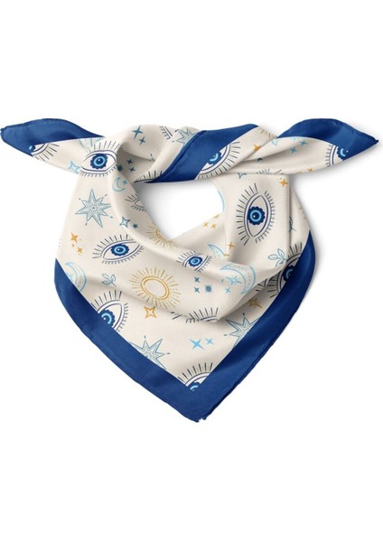Krem Lacivert Mavi Göz ve Ay Motifli Fular