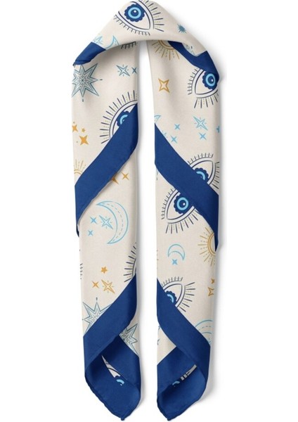 Krem Lacivert Mavi Göz ve Ay Motifli Fular fiyatları