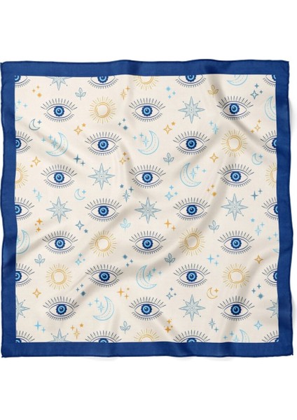 Krem Lacivert Mavi Göz ve Ay Motifli Fular modelleri