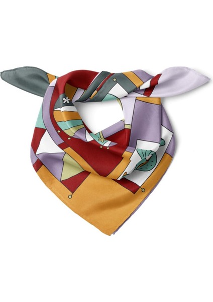 Renkli Kuş ve Geometrik Desenli Fular