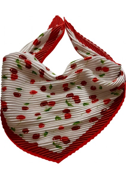 Kırmızı Kiraz Desenli Piliseli Kadın Fular