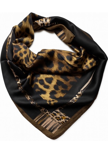 Leopar Desenli Kahve ve Siyah Kare Fular