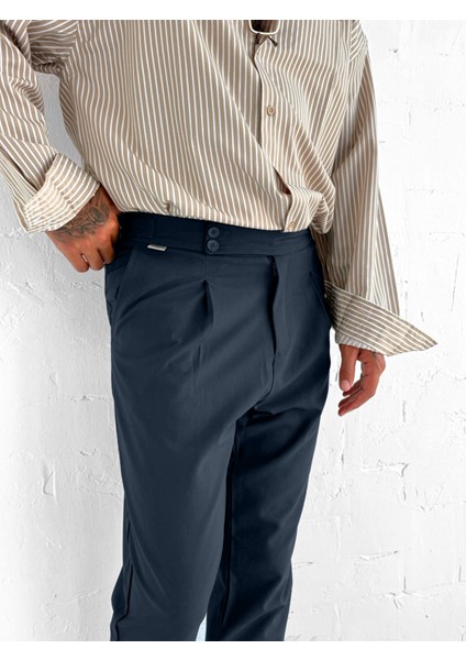 Erkek Ayarlanabilir Tokalı Pileli Kumaş Pantolon Lacivert modelleri