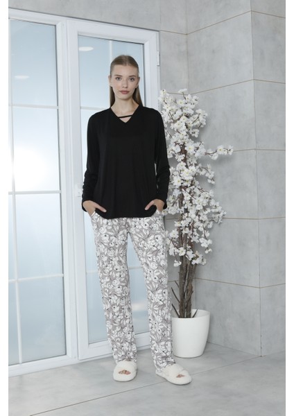 Viskon Büyük Beden Desenli Melisa Siyah Pijama Takımı %100 Pamuk fiyatları