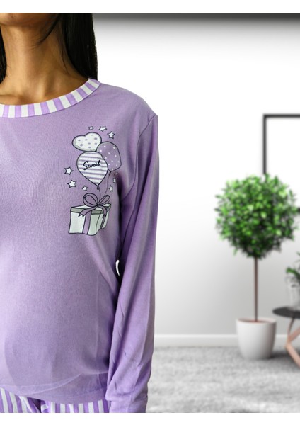 Sweet Kalp Desenli Pamuk Kadın Pijama Takımı (Eflatun) Mor S indirimleri