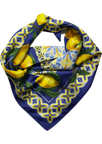 Lacivert Limon Desenli Akdeniz Stili Ipeksi Fular