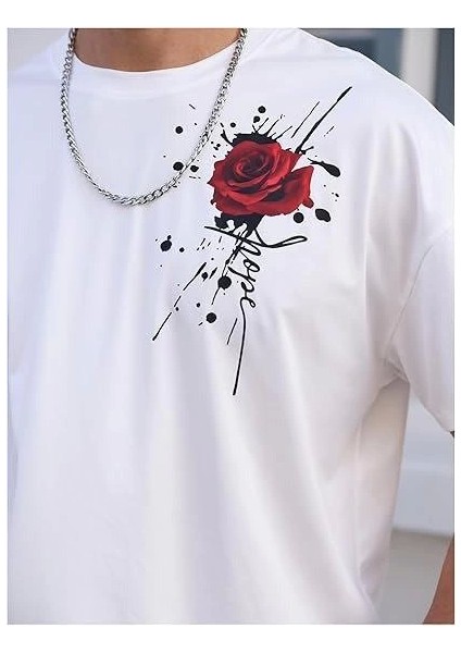 Erkek Bisiklet Yaka Kısa Kol Baskılı T-Shirt - Beyaz