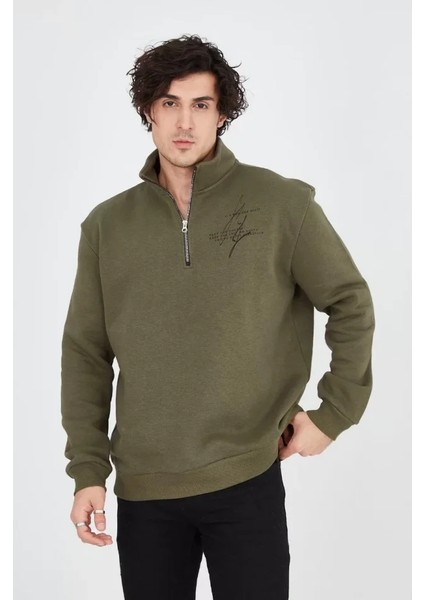 Erkek Yarım Fermuarlı Baskılı Sweat - Yeşil fiyatları