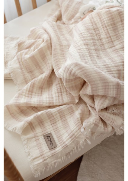 Lila Çizgili 4kat Müslin Püsküllü 4 Katlı Müslin 110X110CM