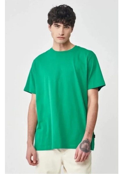 Unisex Düz Biskilet Yaka Oversize T-Shirt - Yeşil