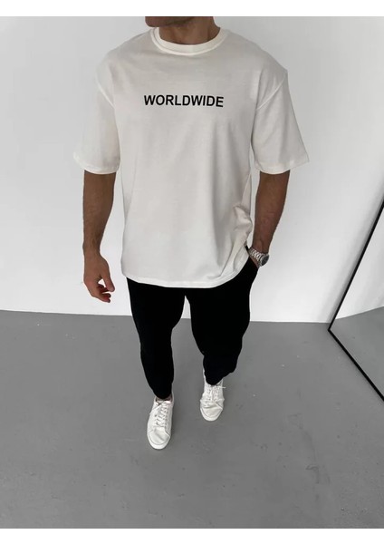 Unisex Bisiklet Yaka Baskılı Oversize T-Shirt - Beyaz