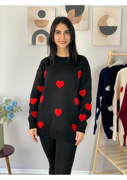 Kadın Bisiklet Yaka Kalpli Triko Kazak Siyah L fırsatları