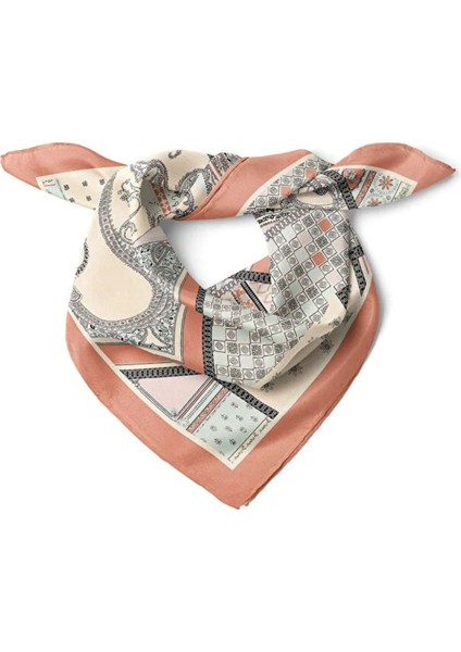 Patchwork Desenli Soft Tonlu Fular – Şeftali Kenarlı Ipeksi Şal Aksesuar