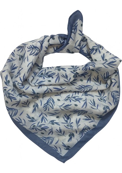 Krem Zemin Mavi Zeytin Dalı Desenli Kadın Fular