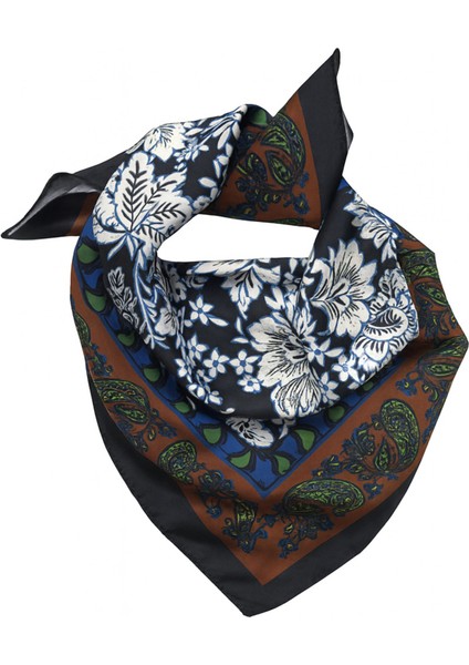 Lacivert Zemin Çiçek ve Paisley Desenli Kadın Fular