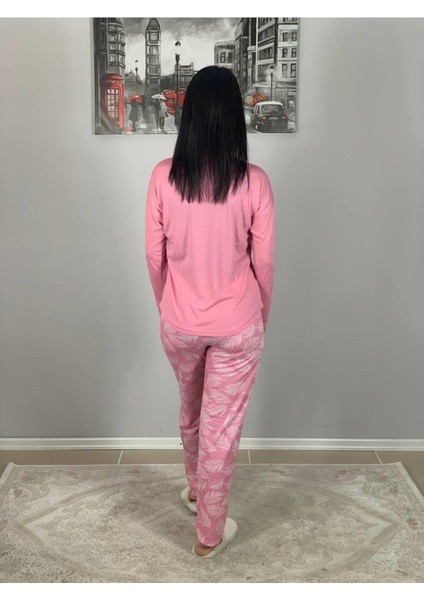 Kadın Pamuklu Viscon Yaprak Desenli Pijama Takımı (Pembe) Pembe L fırsatları