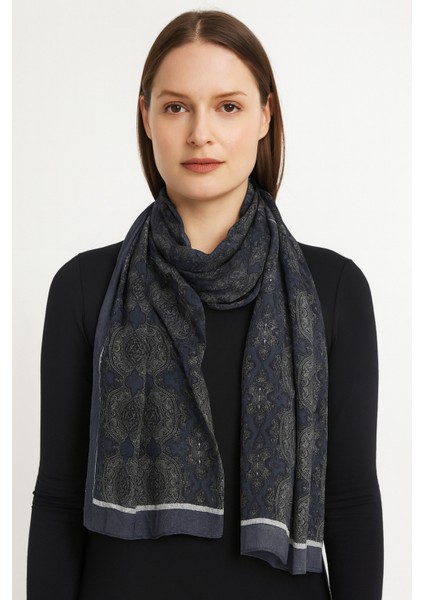 Lacivert Etnik Desenli Şal