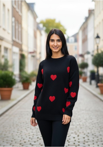 Kadın Bisiklet Yaka Kalpli Triko Kazak Siyah XL