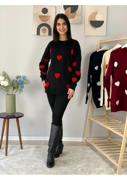 Kadın Bisiklet Yaka Kalpli Triko Kazak Siyah XL modelleri