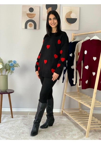 Kadın Bisiklet Yaka Kalpli Triko Kazak Siyah XL fırsatları